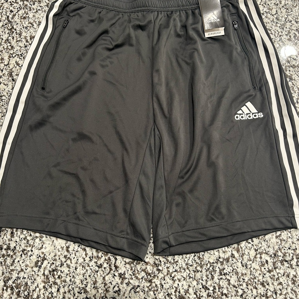adidas Gray Athletic Shorts with Three Stripes and Elastic Waistband